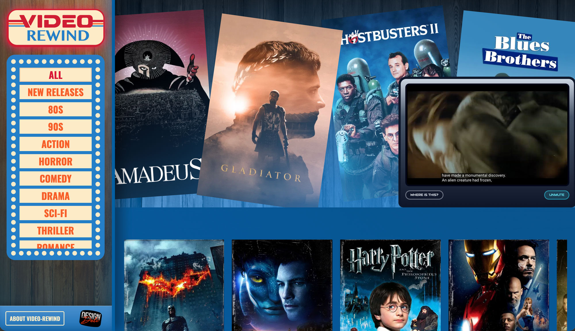 Video Rewind home screen with trailer player